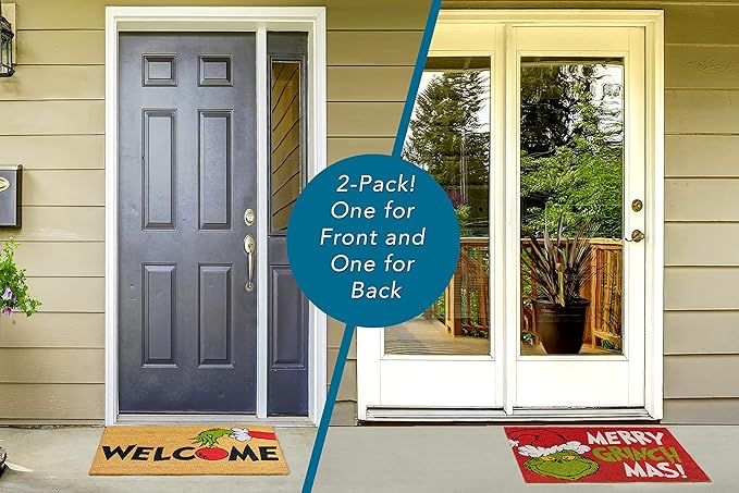 Gertmenian Disney Mickey Mouse Doormat Rug Retro Front Door Coir Mat Home Indoor Outdoor Entryway Carpet, 2-Pack 20x34, The Grinch Welcome/Merry Grinchmas