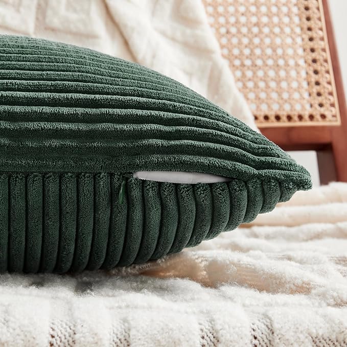 Fancy Homi Set of 2 Dark Green Long Lumbar Decorative Throw Pillow Covers 16x24 Inch for Living Room Couch Bed, Boho Farmhouse Forest Green Home Decor, Soft Corduroy Corss Textured Cushion Case