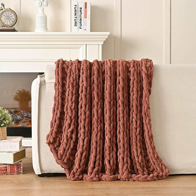 Esterra Chunky Knit Blanket Throw, 100% Handmade Chenille Throw Blanket 50"x60", Soft Thick Yarn Cable Knit Crochet Throw Blanket Rope Knot Throw for Couch Bed Sofa, Copper Brown