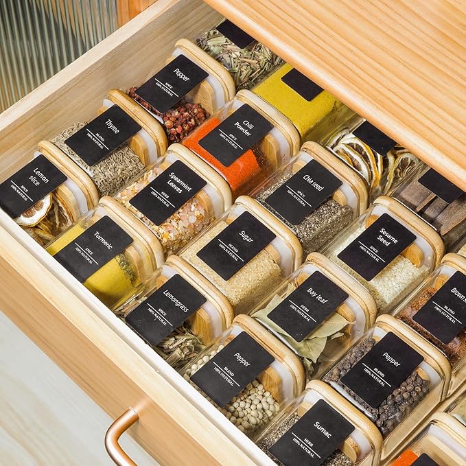 ComSaf 12Pcs Glass Spice Jars with Bamboo Lid, 4oz Airtight Square Spice Containers with 275 Black Lables, Empty Seasoning Jars for Spice Salt Sugar