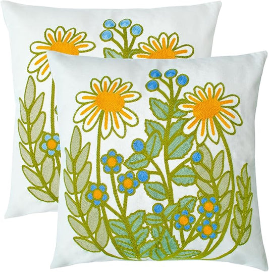 Embroidered Decorative Throw Pillow Cover, 18"x18" Set of 2, Farmhouse Pillowcase Daisy Knit Pattern Cotton Canvas Cushion Case Square Floral Pillow Case for Sofa Couch Bed Living Room…