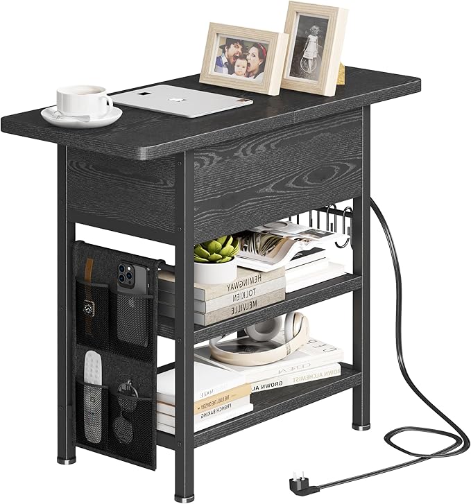 End Table with Charging Station, Flip Top Nightstand with USB Ports and Outlets,Couch Side Table with Fabric Bag and Hooks, Bedside Table for Space Saving, Living Room, Bedroom (Black)