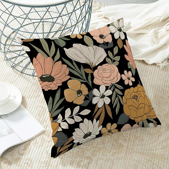 CXMEIFLY Spring Floral Pillow Covers 18 x 18 Inch Set of 2 for Vintage Pink Mustard Yellow Cream Flowers Decor Throw Pillows Plant Black Outdoor Decorative Cushion Cases for Couch Bed Decorations