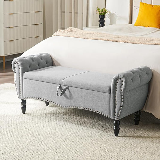 Furniliving 51.75" Storage Ottoman Bench for Living Room, Modern Bedroom Bench with Rolled Arm Upholstered End of Bed Bench Shoe Storage Bench Indoor Bench with Wood Legs Entryway Bench,Grey, Linen