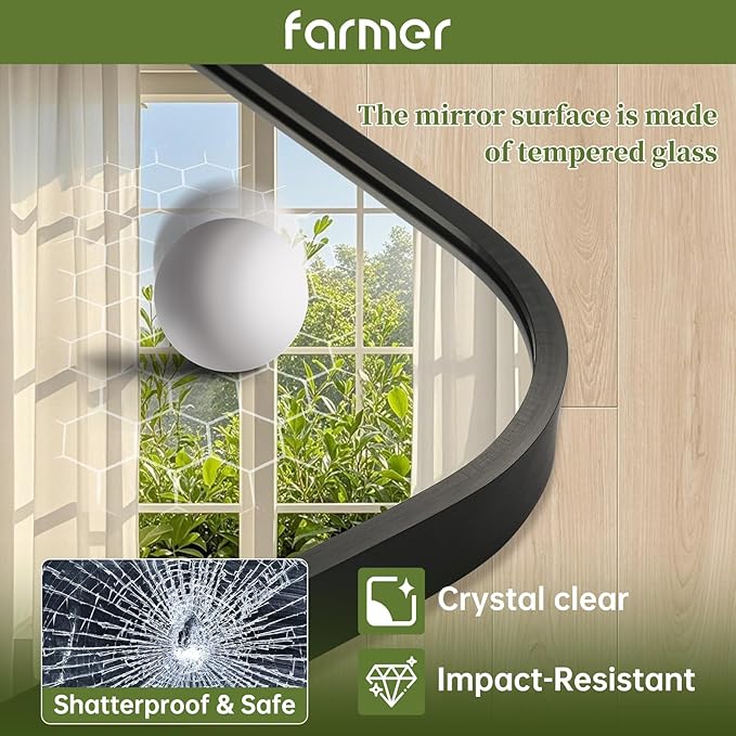 FARMER 20x30 Inch Black Bathroom Mirror, Rectangle Vanity Mirror, Brushed Mirrors for Wall, Metal Frame Hanging Mirror with Round Corner for Bedrooms, Entryways, Living Rooms, Horizontal/Vertical