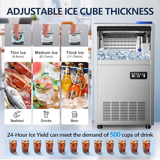 Commercial Ice Maker Machine, 150Lbs/24H with 45Lbs Storage, Fast Ice Making in 8-15Mins, Stainless Steel Under Counter or Freestanding Ice Machine for Home, Party, Office - 2 Water Inlet Modes