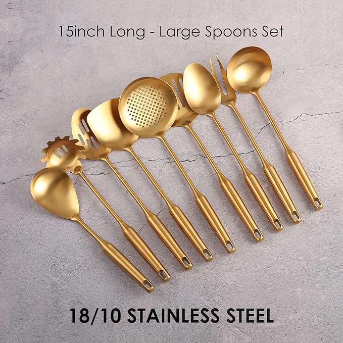 Gold Kitchen Utensils Set - 18/10 Stainless Steel Cooking Tools, 15" All Metal Serving Utensils with Fork, Solid/Slotted Spoon, Spatula, Ladle, Skimmer, Tunner, Pasta Spoon, Large Spoon, Set of 9