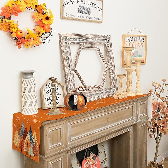 GEEORY Fall Watercolor Tree & Maple Leaves Table Runner 13x36 Inch, Rustic Farmhouse Autumn Thanksgiving Decor for Kitchen, Dining, Indoor/Outdoor Holiday Dinner Party Orange GT158-36