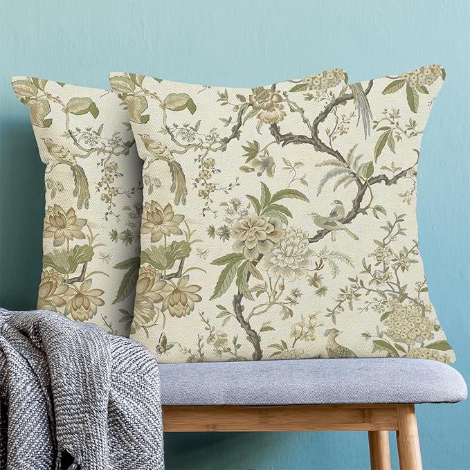 CXMEIFLY Spring Floral Birds Pillow Covers 18 x 18 Inch Set of 2 for Chinoiserie Flowers Decor Throw Pillows Sage Green Plant Outdoor Decorative Cushion Cases for Couch Bed Decorations