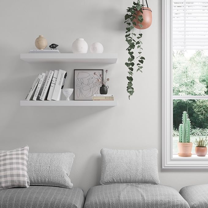 Floating Shelf, Set of 2 Wall Shelf, 24 in W x 12.75 in D x 2 in H Wooden Floating Wall Shelf with Invisible Brackets for Living Room/Bedroom/Bathroom/Kitchen Storage and Decor, White