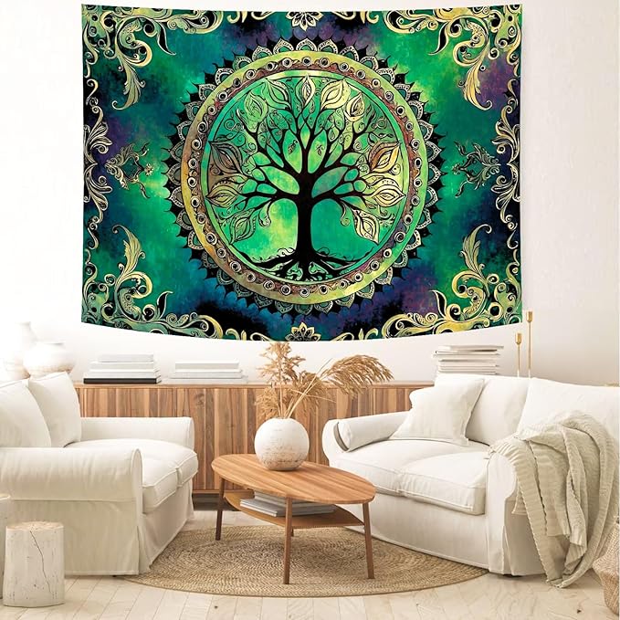 Delur Tree of Life Tapestry Green Nature Bohemian Mandala Spiritual Tapestry Wall Hanging Mystical Landscape Hippie Psychedelic Headboard for Bedroom Living Room Home Decor (59.1" x 78.7")