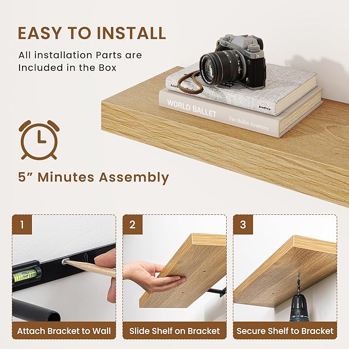 fuqing Floating Shelves for Wall, Bathroom Shelf Wall Mounted for Storage, Shelves with Invisible Bracket for Bedroom, Kitchen, Living Room, Farmhouse Small Book Shelf, 6.5 Inch Set of 3, Oak