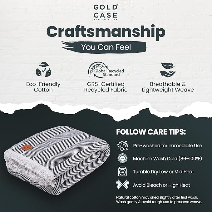 Gold Case Throw Blanket for Bed – 100% Recycled Turkish Cotton Bed Blanket – Decorative Throw Cotton Blankets for Living Room & Bedroom – Elegant Black Woven Queen Blankets – 90x90