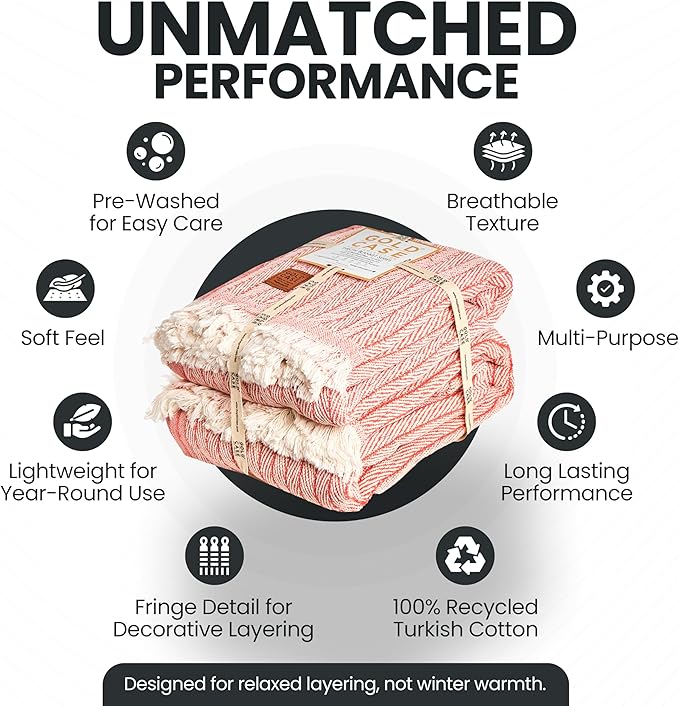 Gold Case Throw Blanket for Couch – 100% Recycled Turkish Cotton Blankets – Elegant Decorative Throw Blankets for Living Room Sofa – Woven Throws for Couch – Vintage Orange – 50x60 (Set of 2)