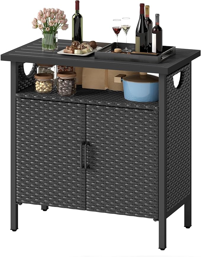 DWVO Patio Storage Cabinet, Outdoor Buffet Cabinet with Two Doors and Shelves, Outdoor Storage Bar Table with PE Rattan for Patio, Backyard, Garden - Black
