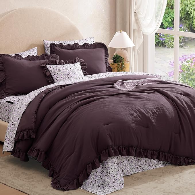 Full Comforter Set - 7 Pieces Ruffle Purple Bedding Sets, Shabby Chic Farmhouse Bed in a Bag Full with Ruffle Comforter, Floral Sheets, Pillowcases & Shams
