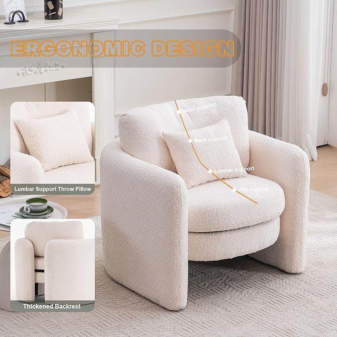 Chenille Accent Armchair Oversize Upholstered Barrel Comfy Modern Round Lounge Sofa Chair with Pillow Cozy Reading Chairs for Apartment,Office,Living Room,Dining,Makeup,Club,Beige