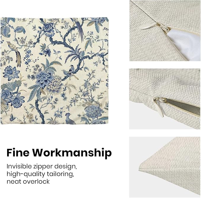 CXMEIFLY Spring Floral Birds Pillow Covers 24 x 24 Inch Set of 2 for Chinoiserie Flowers Decor Throw Pillows Blue and White Plant Outdoor Decorative Cushion Cases for Couch Bed Decorations