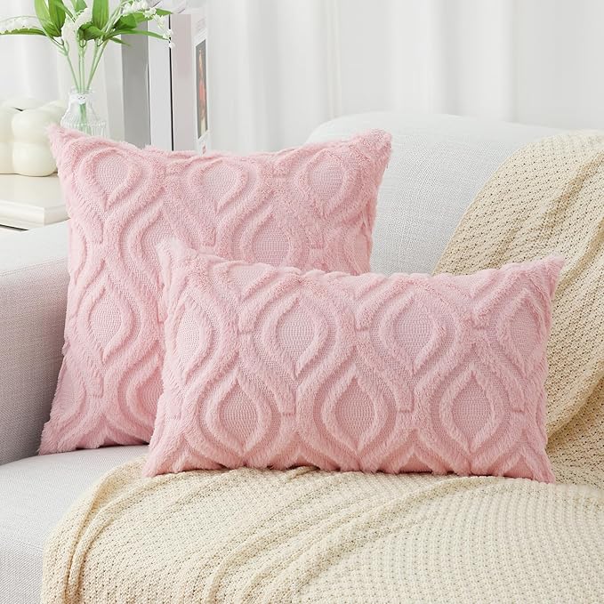 decorUhome Throw Pillow Covers 26x26 Inch Set of 2, Soft Plush Decorative Faux Fur Light Pink Solid Couch Pillow Covers, Accent Farmhouse Neutral Square Euro Pillow Cases for Sofa Bed Living Room