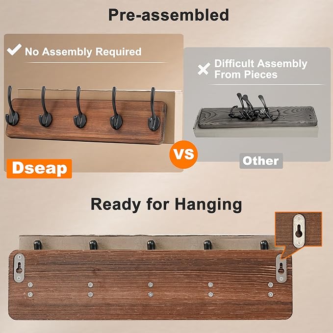 Dseap Wall Mounted Coat Rack: Patented, Heavy-Duty, 17.4" Long 5-Double-Hooks Wooden Hanger Rail for Winter Coats, Hat, Jacket, Clothing - Natural & Black, Pack of 2