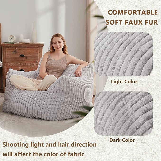 Giant Bean Bag Chairs for Adults Teens, Large Bean Bag Sofa Chairs with Filling Comfy Fuzzy BeanBag Chair with Armrests for Bedroom Living Room Reading (Light Gray, Large)