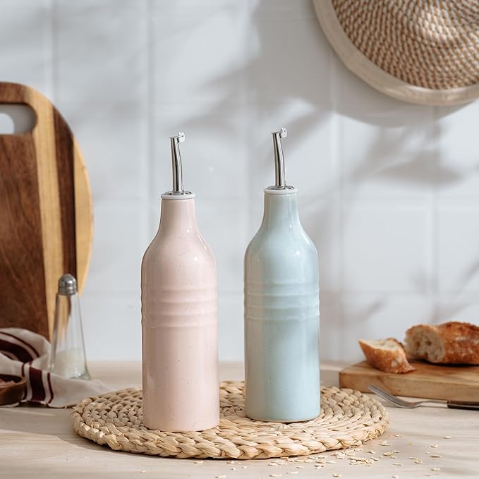 famiware Jupiter 16oz Ceramic Olive Oil Dispenser Bottle, Olive Oil and Vinegar Dispenser Bottle Set of 2 with Stainless Steel Pourers, Suitable for Storage Vinegar, Liquids, Light Blue & Light Pink