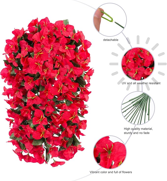 Faux Bougainvillea Artificial Flowers Plants for Outdoor Outside Decoration, 2 PCS Red Fake Flowers UV Resistant Look Real Silk Long Trailing Vines for Front Door Porch Planter Urn Patio Garden Yard