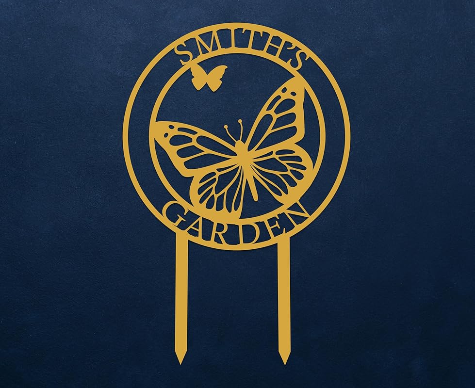 Custom Butterfly Metal Garden Sign with Stakes, Metal Yard Art, Personalized Butterfly Home Garden Decor, Garden Family Name Sign for Outdoor New Home Gift for Outside, Patio Decor, Housewarming Gift