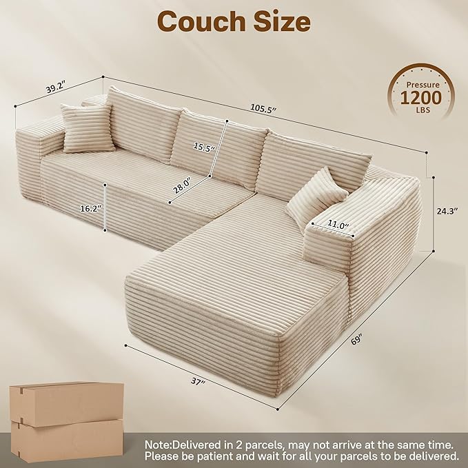 104" Cloudy Sectional L Shaped Couch for Living Room, No Assembly Required, Modular Comfy Sofa with Deep Seat, Fluffy Couch with Sleeper Chaise for Apartment Lounge (Beige)