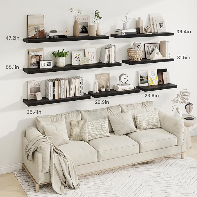 Fun Memories 55 Inch Fireplace Mantel Shelf -Long Floating Shelves, Deep Wall Mounted Farmhouse Display Shelves with Invisible Heavy Duty Metal Bracket, Black, 2 Pack