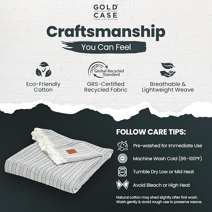 Gold Case Throw Blanket for Couch – 100% Recycled Turkish Cotton Blankets & Throws – Elegant Decorative Throw Blankets for Living Room Sofa – Woven Throws for Couch – Vintage Grey– 60x80