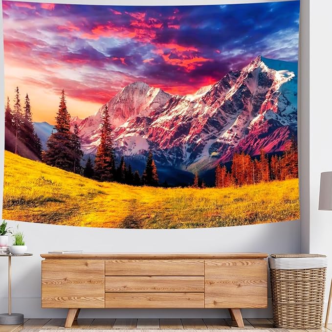 Delur Mountain Tapestry Sunset Forest Tree Nature Tapestry Wall Hanging Sunrise Psychedelic Scenic Landscape Headboard for Bedroom Living Room Home Decor (59.1" x 78.7")