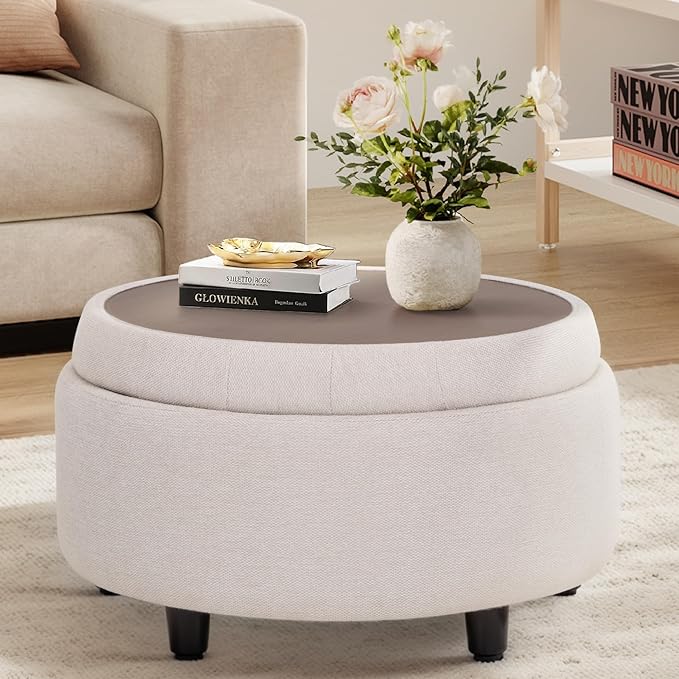 COLAMY Fabric Round Storage Ottoman with Reversible Tray Lid – Multi-Functional Footrest, Hidden Storage, Sturdy & Stylish Small Coffee Table for Living Room, Bedroom, or Entryway(Beige)