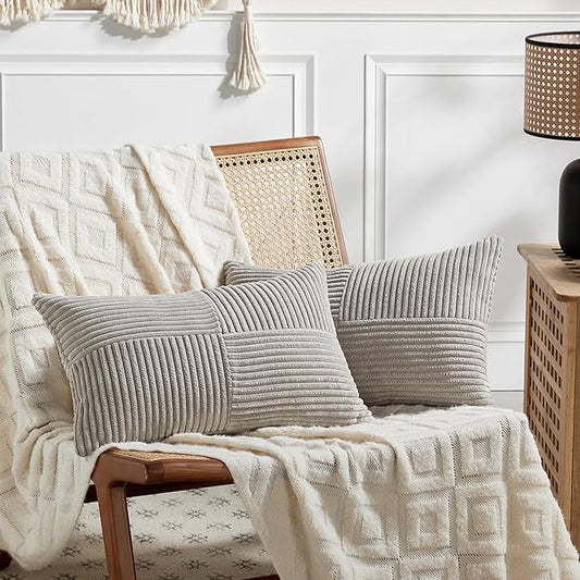 Fancy Homi 2 Packs Neutral Grey Lumbar Decorative Throw Pillow Covers 12x24 Inch for Living Room Couch Bed Sofa, Farmhouse Home Decor, Soft Striped Corduroy Rectangle Accent Cushion Case 30x60 cm
