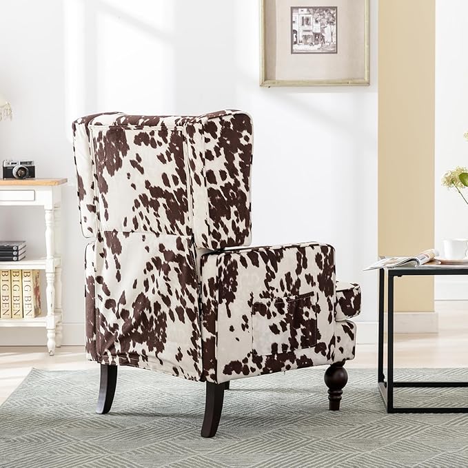 DUOMAY Tufted Accent Chair Set of 2, Modern Upholstered Wingback Side Arm Chair for Living Room Bedroom with Wood Legs, Comfy Reading Guest Chair for Office, Milk Cow/Brown