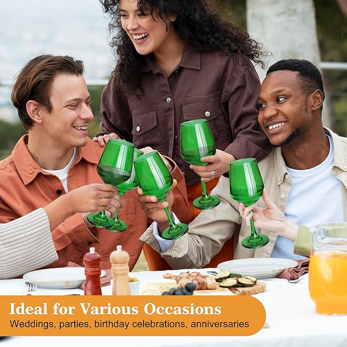 Green Wine Glasses Set of 6-14oz Long Stem Wine Glass, Pretty Crystal Glassware, Hand Blown Goblets Drinkware, Unique Stemware Wine Glass Holiday Gift Set