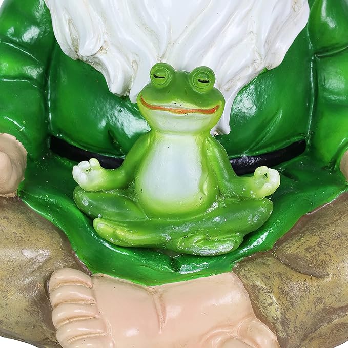 Exhart Solar Light-Up Meditating Gnome Statue w/LED Frog, Durable Resin Garden Décor, 8”x6.5”x10.5”
