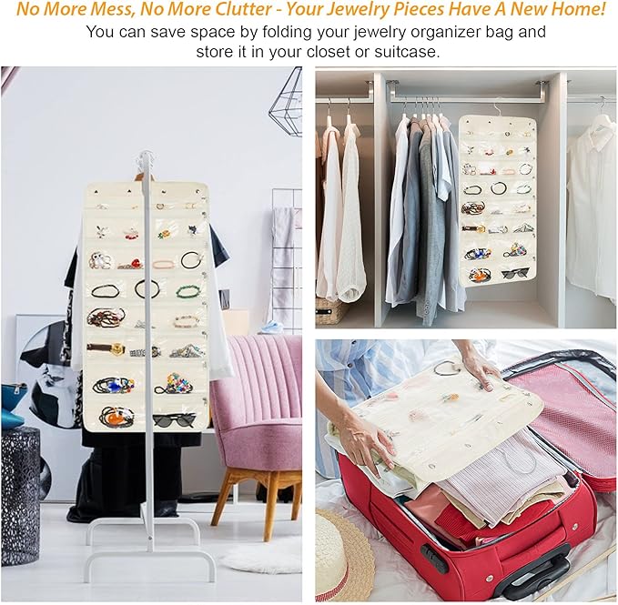 Freegrace Hanging Jewelry Organizer Revolving Hanger - Secure Zipper Closure - 25 Pockets,23 Hooks - Foldable Storage & Display Solution - For All Jewelry & Bijoux (Beige)