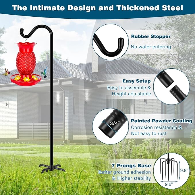 Gtongoko Shepherds Hook for Outdoor, 76 Inch Bird Feeder Pole with 7 Prongs Base, 3/4 Inch Thick Heavy Duty Adjustable Garden Hook for Hanging Plant, Hummingbird Feeder, Lantern, 2 Pack