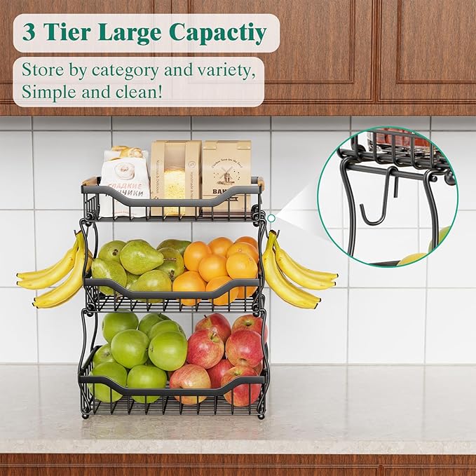 Giwil 3 Tier Countertop Fruit Basket for Kitchen, Vegetable Storage Bread Fruit Bowl Stand with 2 Banana Hooks, Wall Mounted Metal Wire Basket Organizer for Potato Onion, Black