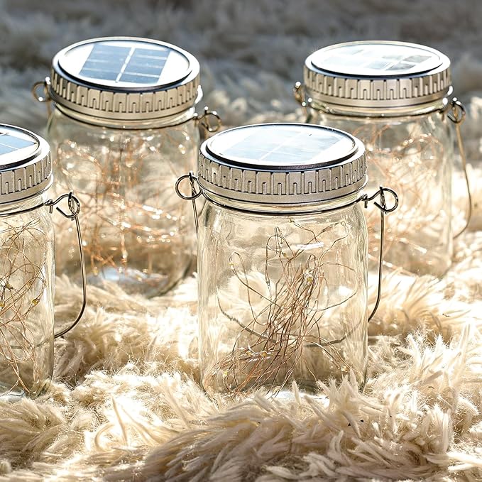 Cooo 6 Pack Solar Lanterns Outdoor Waterproof Upgraded Crystal Glass Solar Mason Jar Lights 30 LED 215% Larger SolarPanel, Anti-Rust Lid Hanging Outdoor Lanterns for Patio Garden Porch