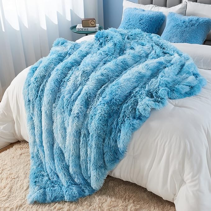 GONAAP Fuzzy Faux Fur Throw Blanket Twin Size Tie-dye Ocean Blue Super Soft Cozy Plush Fuzzy Shaggy Blanket for Couch Sofa Bed (Tie-dye Ocean Blue, Twin(60"x80"))