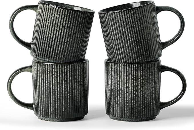 famiware Coffee Mug Set for 4, Star 12 oz Catering Mugs Cup Set with Handle for Coffee, Tea, Cocoa, Milk - Ceramic Stoneware Drinkware Set, Deep Forest