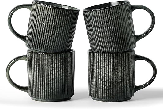 famiware Coffee Mug Set for 4, Star 12 oz Catering Mugs Cup Set with Handle for Coffee, Tea, Cocoa, Milk - Ceramic Stoneware Drinkware Set, Deep Forest