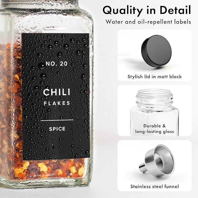 Glass Spice Jars with Label and Stainless Steel Lids (24 x 4oz) Spice Containers with 240 Labels, Shaker Inserts, Steel Funnel, Empty Square Empty Square Seasoning Organizer (Black)