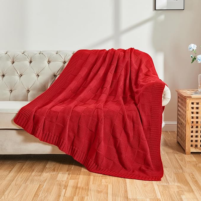 CozeCube Knit Throw Blanket,Christmas Red Checkered Bedroom Blanket for Couch,Soft Cozy Warm Knitted Blanket for Bed Sofa Living Room,Decorative Spring Fall Throw Blanket 50"X60",Christmas Red