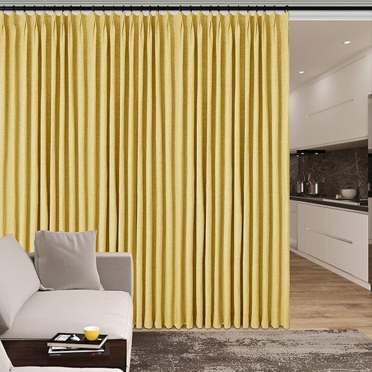 Full Blackout Privacy Curtains, 240 Inch Extra Wide Linen Blend Drapes, Pinch Pleat Window Drapery for Room Divider Storage/Space Room Separation, 1 Panel, W 240" x L 96", Yellow