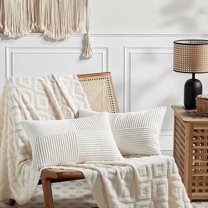 Fancy Homi 2 Packs Cream White Lumbar Decorative Throw Pillow Covers 14x24 Inch for Couch Bed Sofa, Rustic Farmhouse Boho Home Decor, Soft Striped Corduroy Rectangle Accent Cushion Case 35x60 cm
