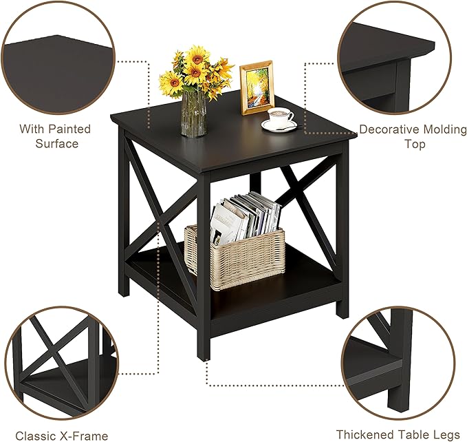 ChooChoo End Table, 24 Inch End Table with 2-Tier Storage Shelf, Side Table for Living Room, Wood Nightstand for Bedroom, Office, Painted Surface, Black