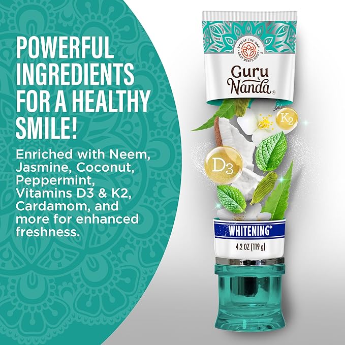 GuruNanda Hydroxyapatite Toothpaste, SLS & Fluoride Free, Whitening Toothpaste - Freshens Breath, Fights Plaque - Natural CocoMint Jasmine Neem, 4.2oz